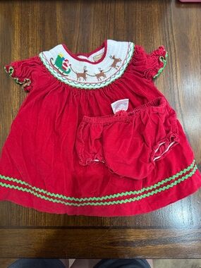 Red Holiday Smocked Corduroy Dress with Bloomers - Kids